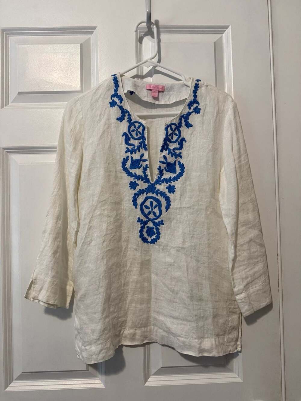 Lilly Pulitzer Amelia Island Linen Tunic White Blue Embroidery Size 8